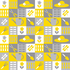 Checkered geometric seamless.. pattern with garden tools and dragonflies. Summer print for paper, textile and fabric. Hand drawn illustration for decor and design.