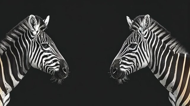 Two zebras facing each other against a dark background in a striking monochrome composition
