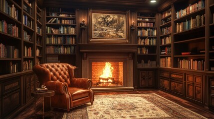 Virtual home library with a leather chair and warm fireplace, rich wooden shelves filled with books, offering a luxurious and intellectual space