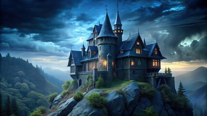 Dark blue gothic castle mansion on rocky hill, medieval, ancient, architecture, spooky, eerie, majestic, structure, landmark