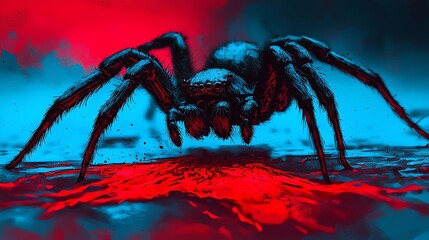 A striking digital artwork of a spider emerging from vibrant colors, creating a dramatic and eerie atmosphere.