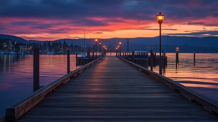 A Long Wooden Pier at Sunset with Reflections of the Sky in the Water