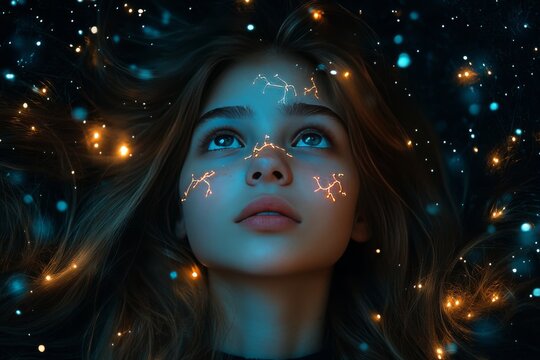 Radiant minimalism etherpath deepweb and bioluminescence dreamy woman gazing upwards surrounded by glowing stars and particles in a surreal cosmic scene
