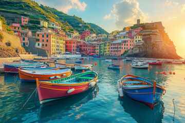 Various ships docked at the city pier at sunset.