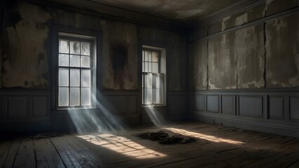 An old, dimly lit room, with soft edges, intricate textures of the decayed walls and wooden floors, eerie atmosphere perfect for Halloween