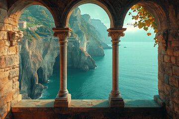 View from the stone arch windows of the ancient monastery overlooking the sea and cliffs.