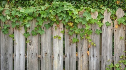 Fototapeta premium Vine growing around a rustic garden fence, Vine graphics, natural boundary