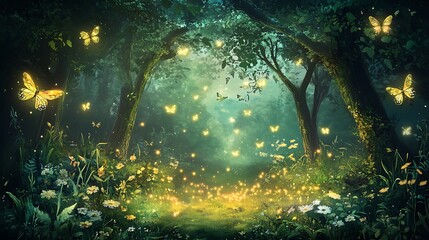 Fototapeta premium Enchanting Forest Path with Glowing Butterflies and Fireflies.