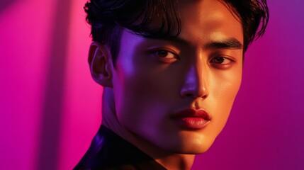 Obraz premium Close-up Portrait of Handsome Man with Black Hair and Colorful Lighting.