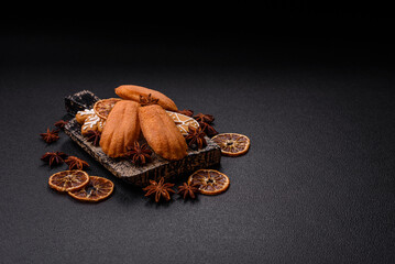 French classic madeleine sponge cake with elements of Christmas motifs