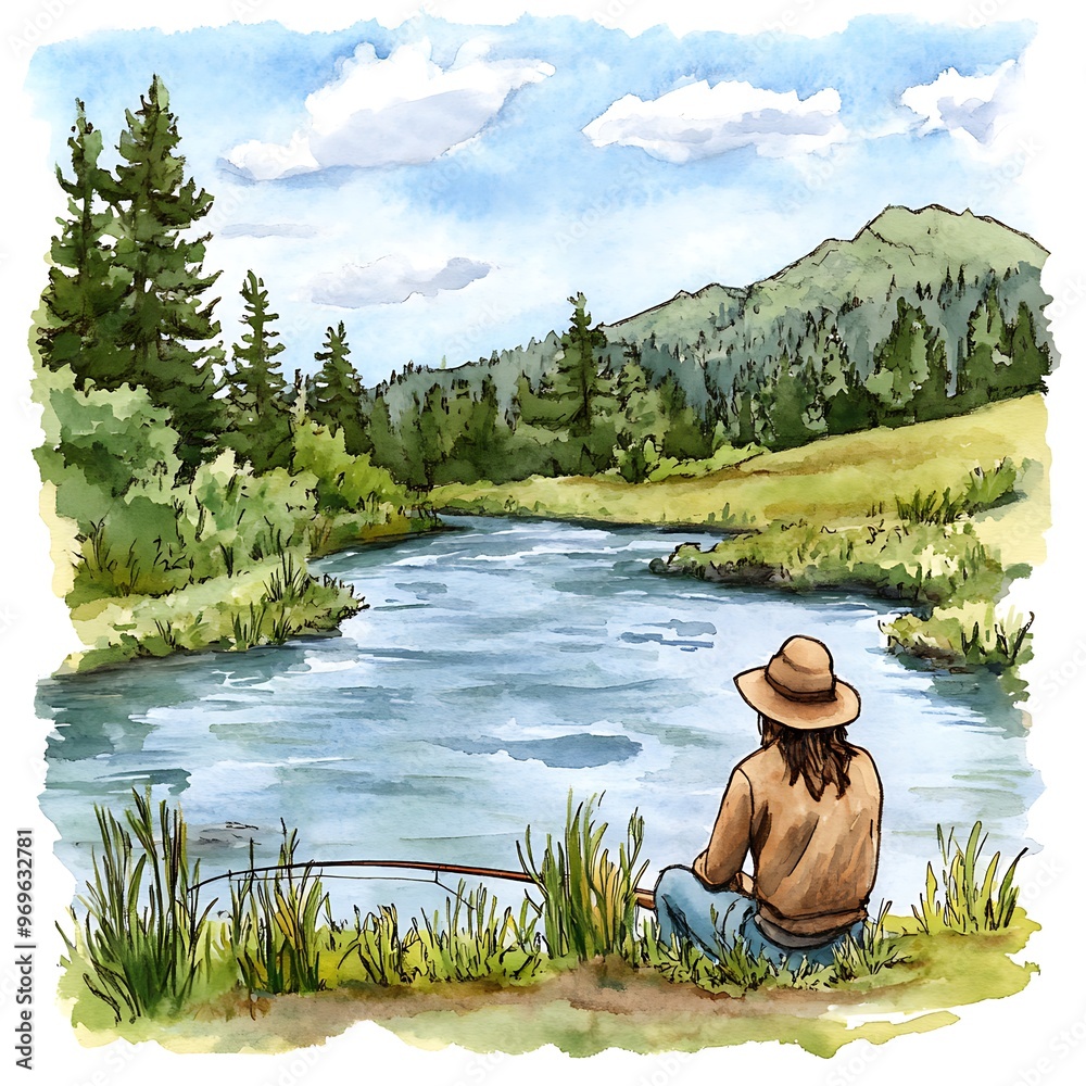 Canvas Prints Watercolor Painting of a Person Fishing by a River.