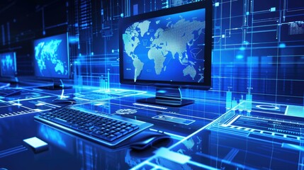 A high-tech command center setup with advanced monitoring tools, displaying network security data, encryption processes, and cybersecurity threat analysis.