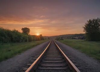 A beautiful train is traveling down its train tracks as the sun sets