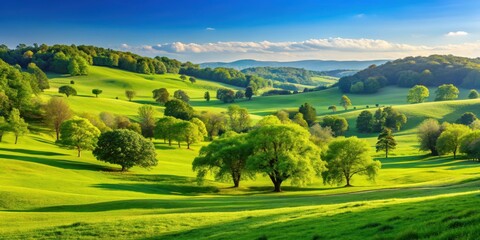 Fototapeta premium Peaceful park country landscape with rolling hills, lush green trees, and a clear blue sky , park, country, landscape