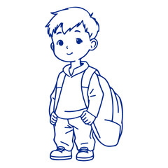 A young boy with short hair wearing a shirt, pants, and a backpack