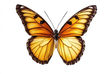 Fototapeta premium Orange colorful butterfly danaus chrysippus plain tiger, african monarch isolated on white, closeup, macro. Design element. Danaidae, collection butterflies, insects