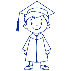 A young boy wearing a graduation gown and cap, smiling