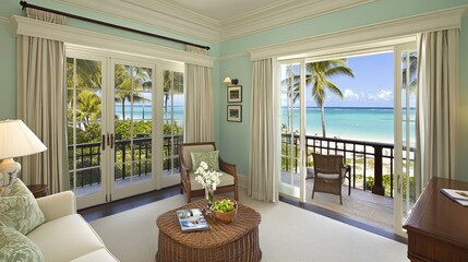 This beach house interior showcases light blue walls and expansive windows with ocean views, a white sofa, a wicker table, and lush greenery, creating a serene setting