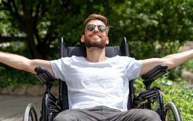 Fototapeta premium How can the mans relaxed posture and joyful expression highlight the importance of self-care and relaxation, especially for people managing physical disabilities