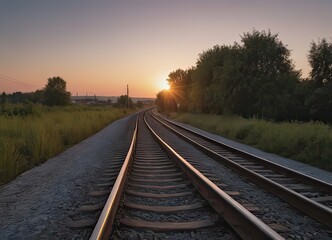 Fototapeta premium A beautiful train is traveling down its train tracks as the sun sets