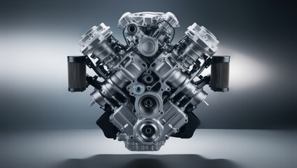Naklejka premium 3D Rendering of a V8 Engine on Metallic Background