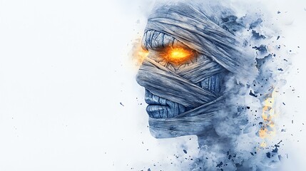 A mystical figure with glowing orange eyes, shrouded in bandages, surrounded by ethereal mist, evoking intrigue and mystery.