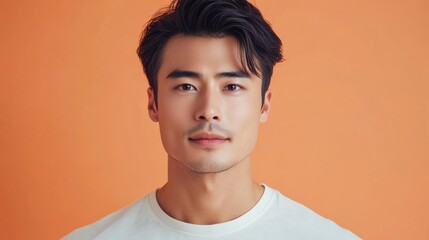 Portrait of a Young Asian Man with a Serious Expression.