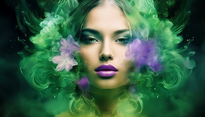 Nymph woman with fantasy green smoke and purple flowers in her silver hair 