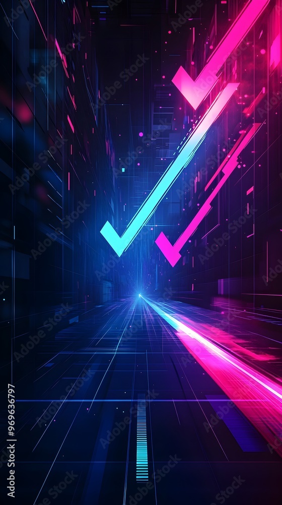 Poster dynamic abstract arrow speed motion light effect with vibrant blue and pink neon glow on dark backgr
