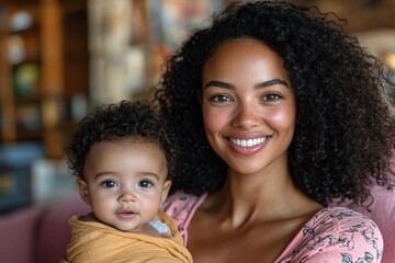 Fototapeta premium A beautiful mother and her adorable baby daughter, both in matching pink outfits, surrounded by pink flowers, symbolizing love and bonding.