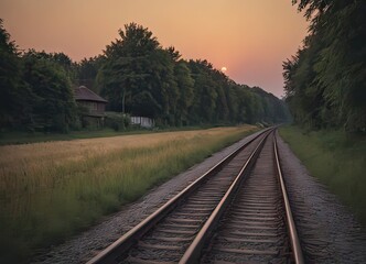 A beautiful train is traveling down its train tracks as the sun sets