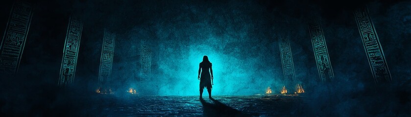 Obraz premium A mysterious figure stands silhouetted against a glowing backdrop, surrounded by ancient structures, evoking intrigue and wonder.