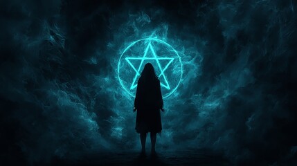 Fototapeta premium A mystical figure silhouetted against a glowing pentagram, enveloped in ethereal clouds, evoking an aura of mystery and magic.