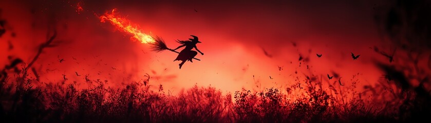 A mysterious figure casts a fiery spell against a dark red sky, evoking themes of magic and fantasy in an enchanted landscape.