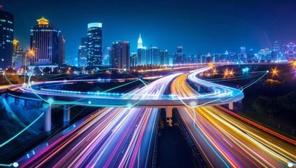 Fototapeta premium Highway with city lights in the background, with digital connections and data flowing across it, smart city with abstract polygon pattern and speed light lines, big data connection technology concept