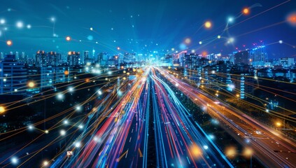 Highway with city lights in the background, with digital connections and data flowing across it, smart city with abstract polygon pattern and speed light lines, big data connection technology concept