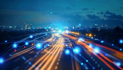 Highway with city lights in the background, with digital connections and data flowing across it, smart city with abstract polygon pattern and speed light lines, big data connection technology concept