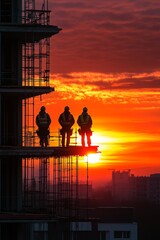 Silhouetted construction workers standing on a scaffold at sunset, symbolizing hard work, unity, and the beauty of progress.