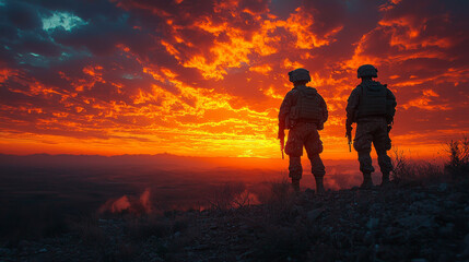 Fototapeta premium Two soldiers stand silhouetted against a fiery sunset.