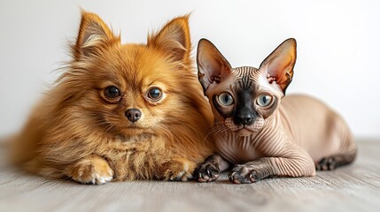 Image of a fluffy Pomeranian with a full coat of fur sitting next to a hairless Sphynx cat their contrasting appearances highlighted against a white background