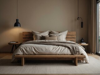 Minimalist bedroom with a wooden bed and beige walls.