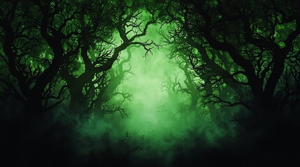 Naklejka premium A mysterious forest shrouded in green mist, evoking a sense of enchantment and wonder through its dark, twisting trees.