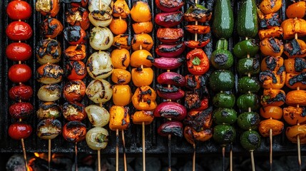 A variety of colorful vegetable skewers sizzles over an open flame, showcasing fresh tomatoes, bell peppers, zucchini, and onions during a summer barbecue