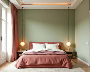 designer interior of a modern bedroom in light green burgundy color