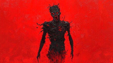 A dark, ominous figure emerging from a vivid red background, evoking feelings of fear and intrigue.