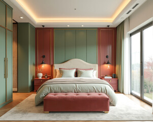 designer interior of a modern bedroom in light green burgundy color
