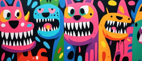 Bright and colorful graffiti featuring playful cartoon characters with expressive faces. The street art showcases vibrant colors and bold lines in a whimsical urban setting.