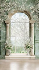 A delicate vintage floral frame surrounds an oval mirror adorned with pastel blooms, creating a serene and elegant atmosphere against a light blue backdrop