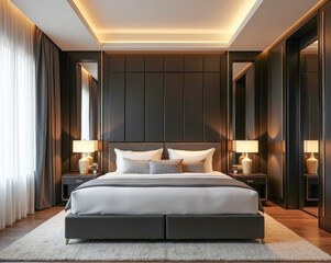 designer interior of a modern bedroom in black and gold
