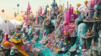 Fototapeta premium Colorful Surreal Cityscape with Hot Air Balloons.